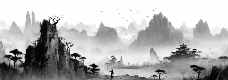 群山之巅楼台烟雨中黑色水墨中国风背景,插画/手绘图,插画/手绘图库,插画/手绘图下载,插画/手绘